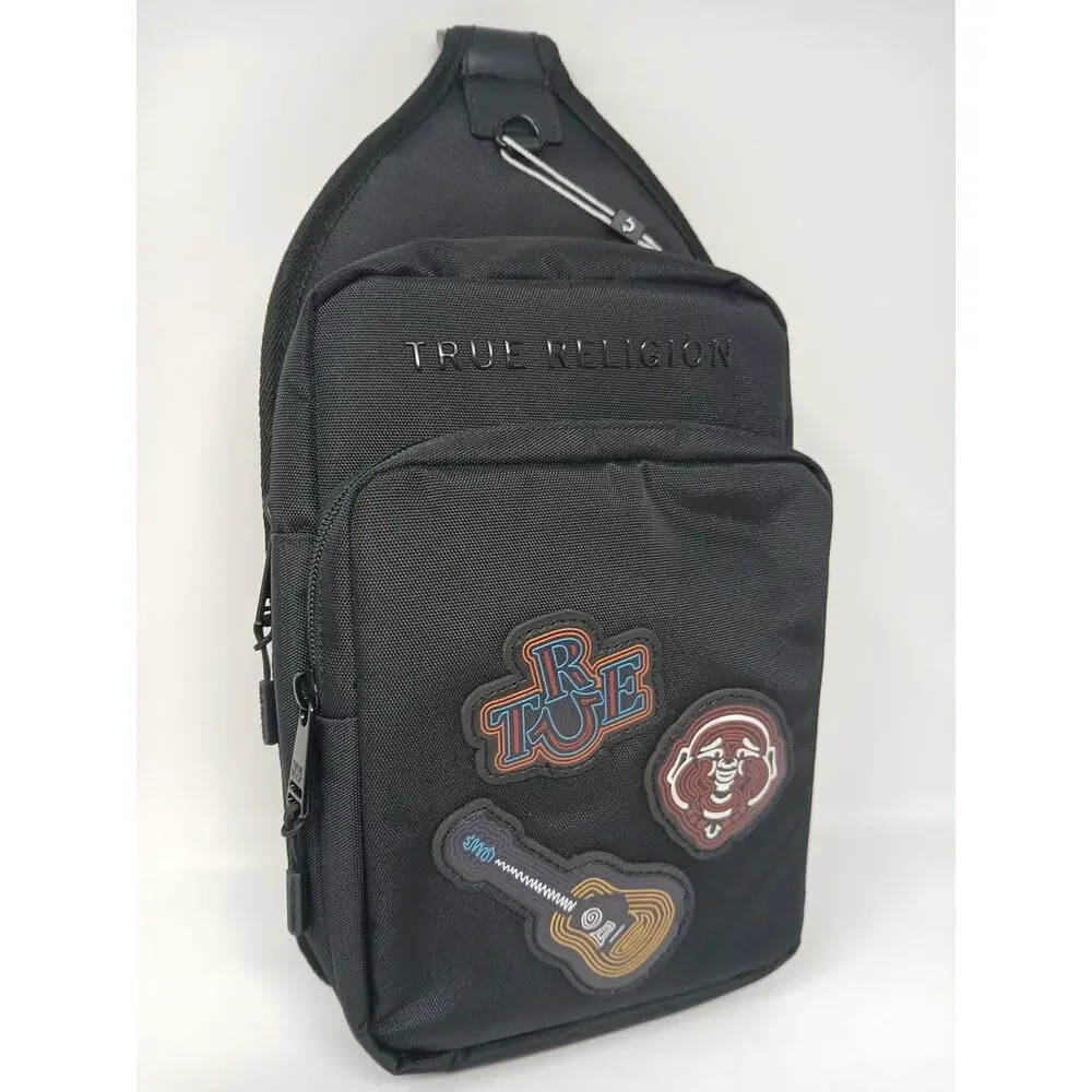 True Religion Black Crossbody Bag Men Zip Outer Pockets Guitar Character